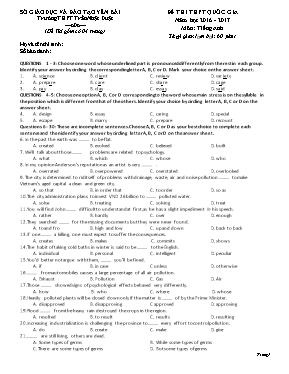 Đề thi THPT Quốc gia môn Tiếng Anh - Đề số 3 - Năm học 2016-2017 - Trường THPT Trần Nhật Duật (Có đáp án)
